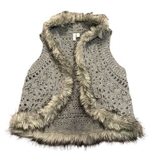 Relativity Gray Crochet Faux Fur Trim Open Front Vest Women’s Medium
